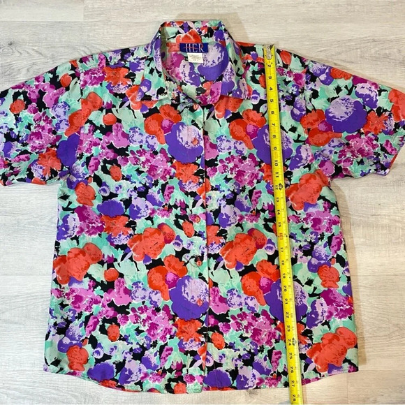 Vintage 1980s HER 100% Silk Short Sleeve Floral Blouse Size L - Picture 13 of 16